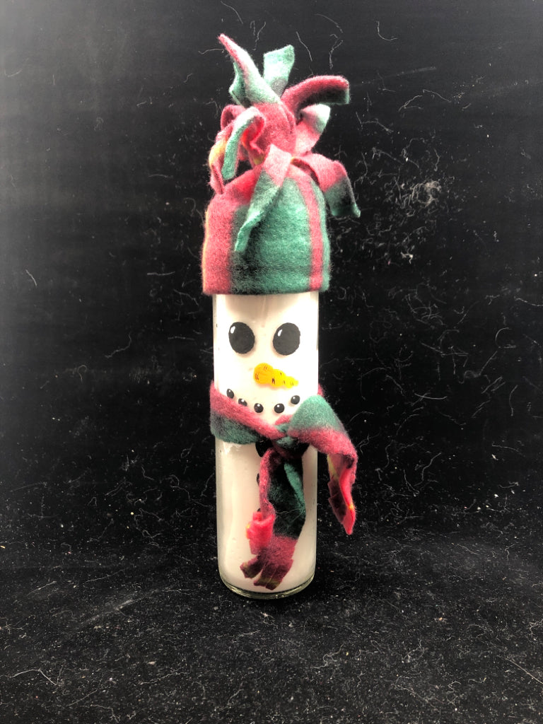 SNOWMAN CANDLE W RED GREEN HAT SCARF.