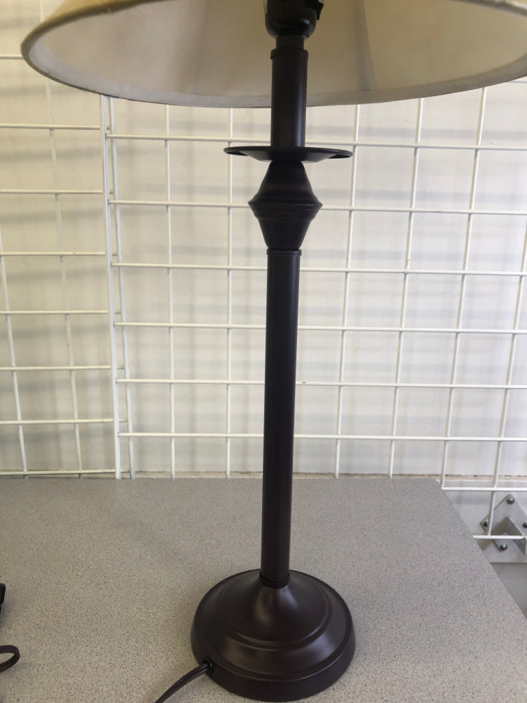 BROWN BASE LAMP, FAUX LEATHER TAN SHADE.