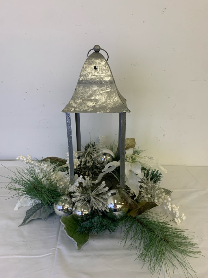 LARGE GALVANIZED LANTERN W/ FAUX  WINTER WREATH BOUQUET BOTTOM.