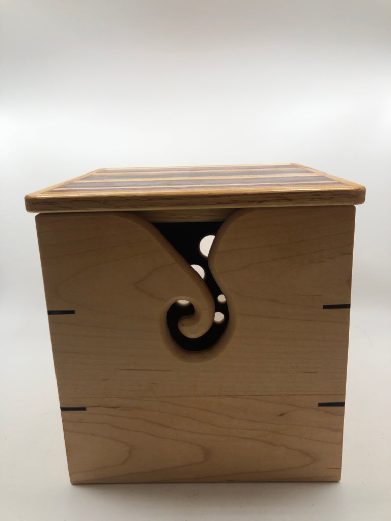 WOODEN YARN BOX W/SPIRAL CUT-OUT.