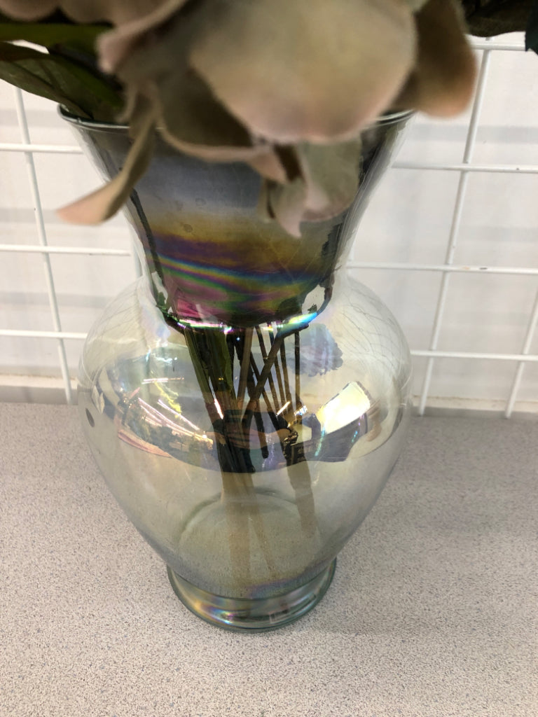 BLUE HYDRANGEA BOUQUET IN IRIDESCENT VASE.