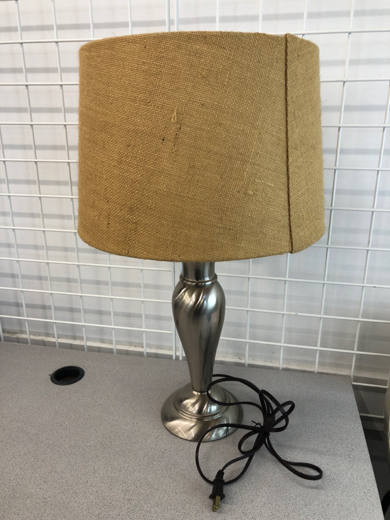 SILVER LAMP BURLAP SHADE.