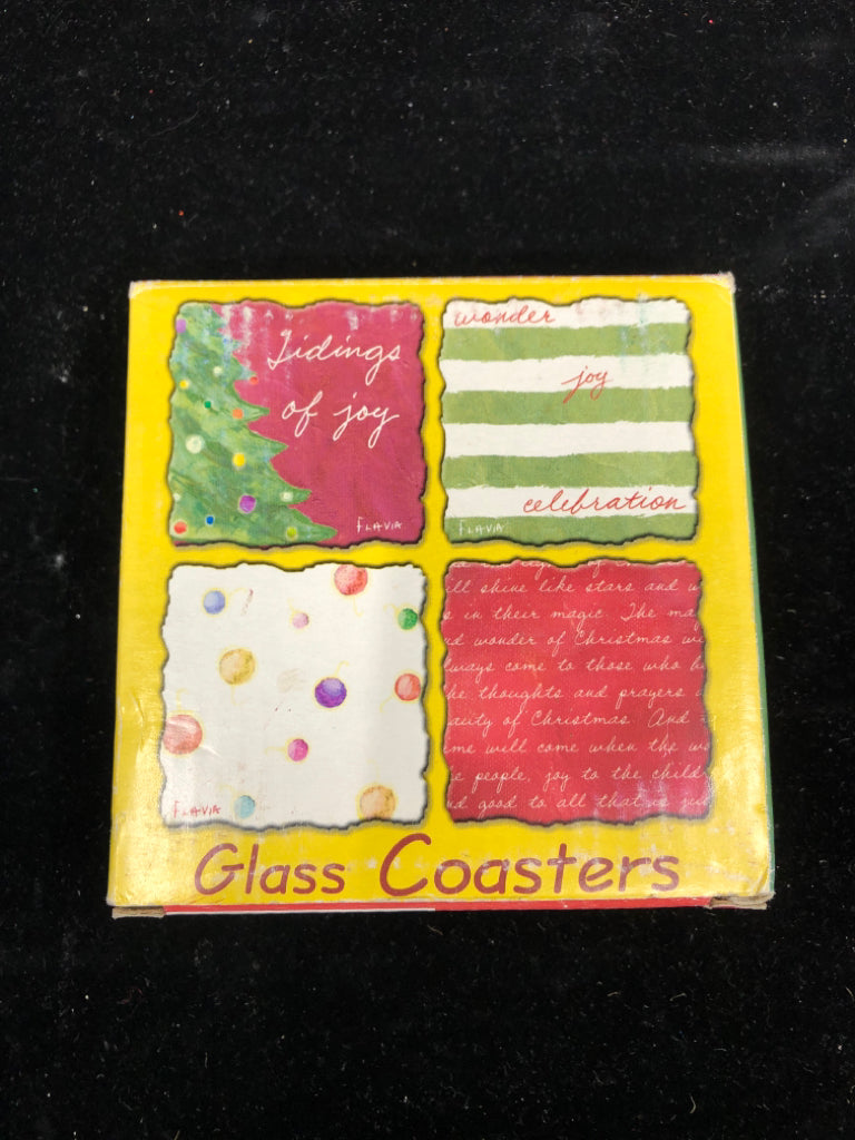 NIB SET OF 4 HOLIDAY GLASS COASTERS.