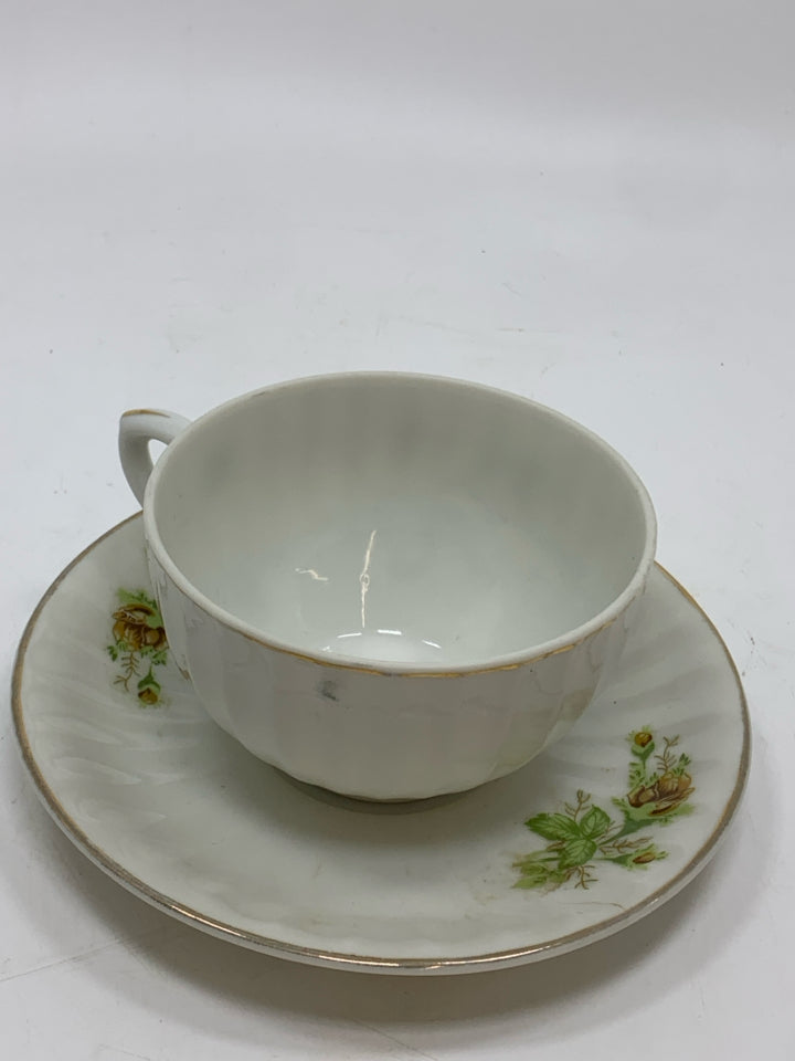 VTG BROWN FLOWER GREEN LEAVES JAPANESE CUP/SAUCER.