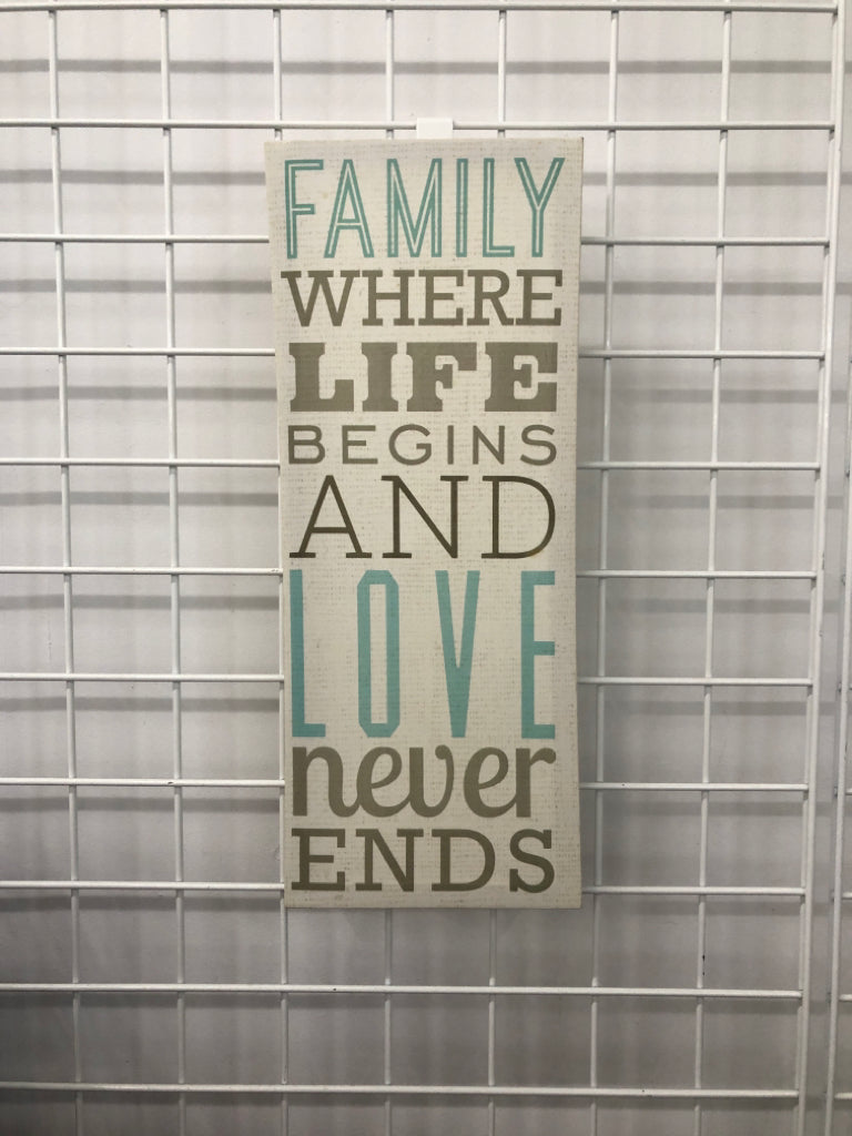 'FAMILY WHERE LIFE BEGINS' CANVAS SIGN.