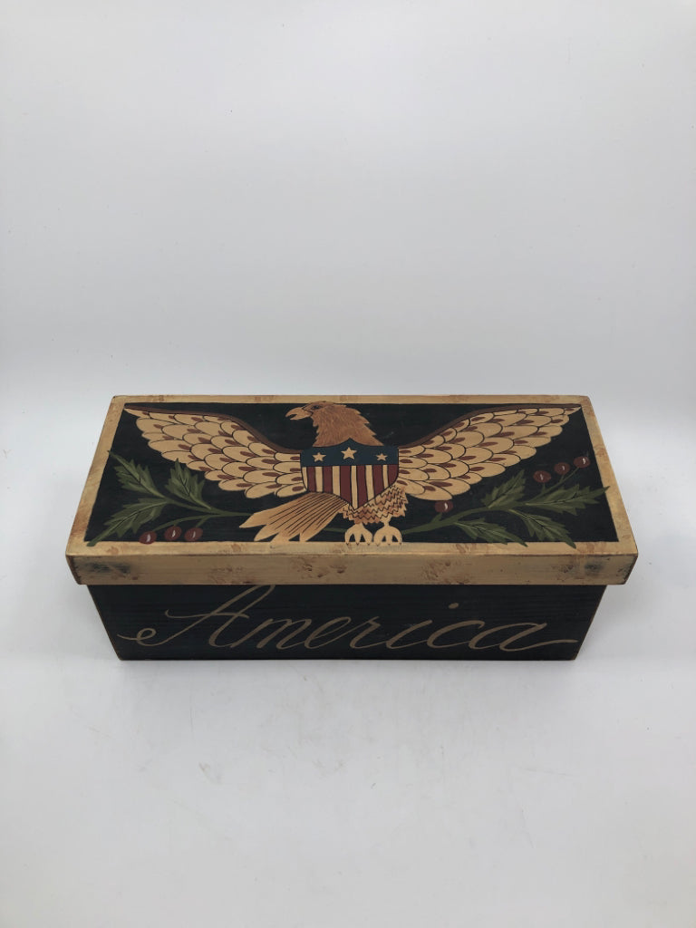 AMERICA THE BEAUTIFUL EAGLE WOOD BOX W/LID.