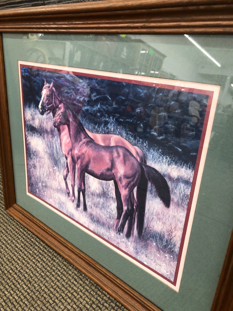 HORSES PRINT IN BROWN FRAME.