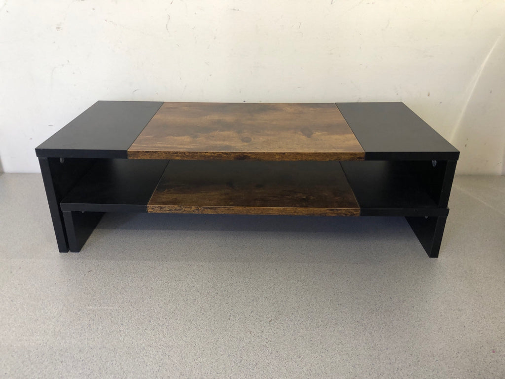 BLACK AND FAUX WOOD 2PC DESK/COMPUTER RISER.
