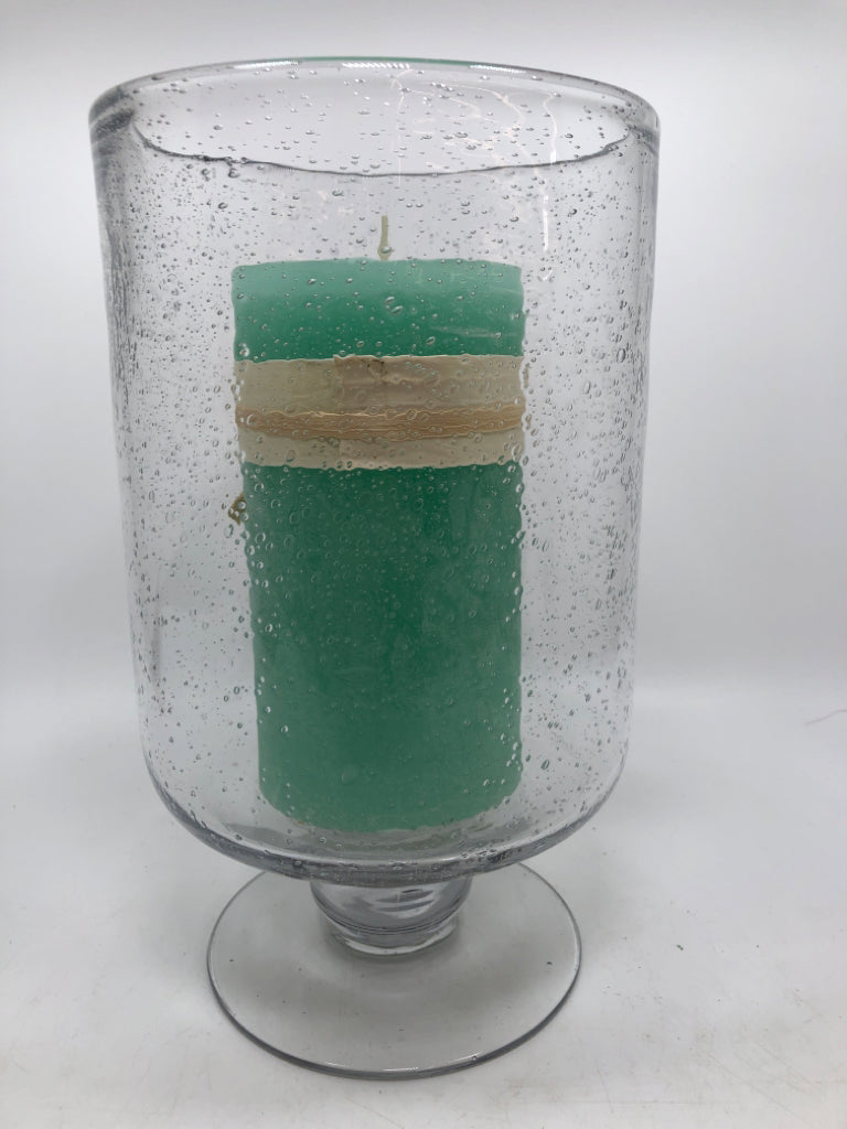 BUBBLE HURRICANE GLASS W/TEAL PILLAR CANDLE.