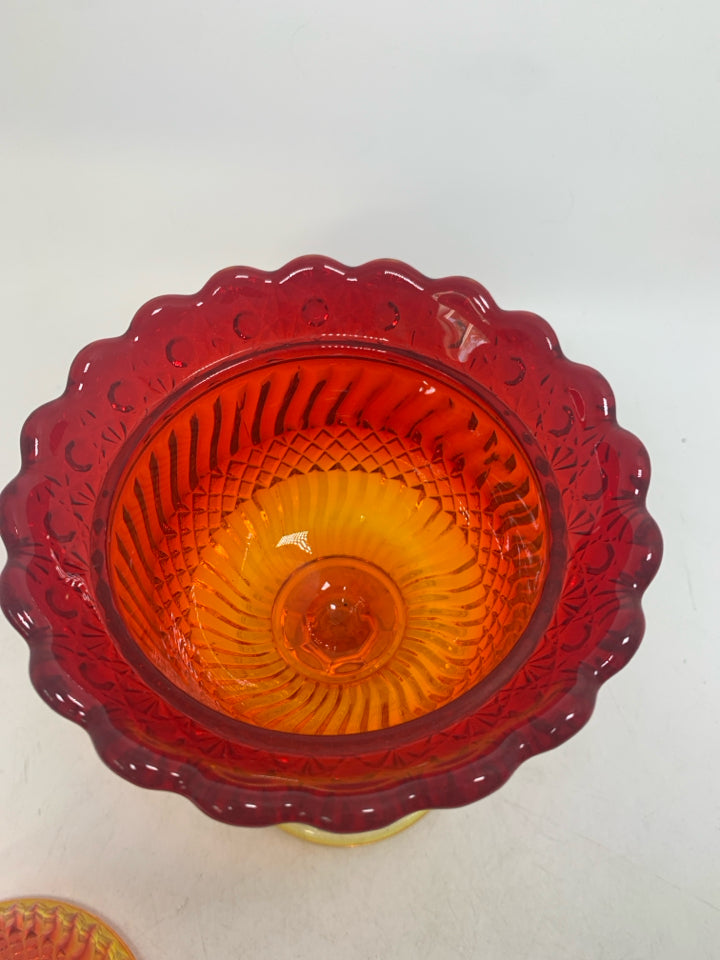 VTG LONG STEM FOOTED AMBERINA COVERED CANDY DISH.