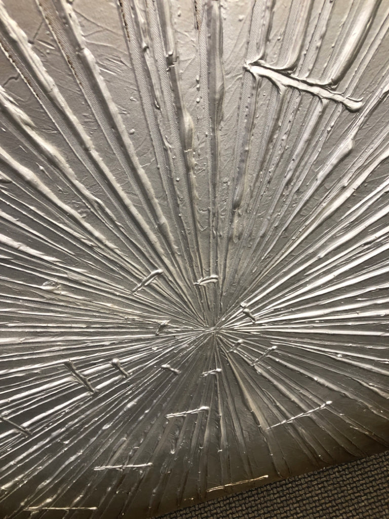 LARGE GREY AND SILVER FLOWER PAINTING ON CANVAS.