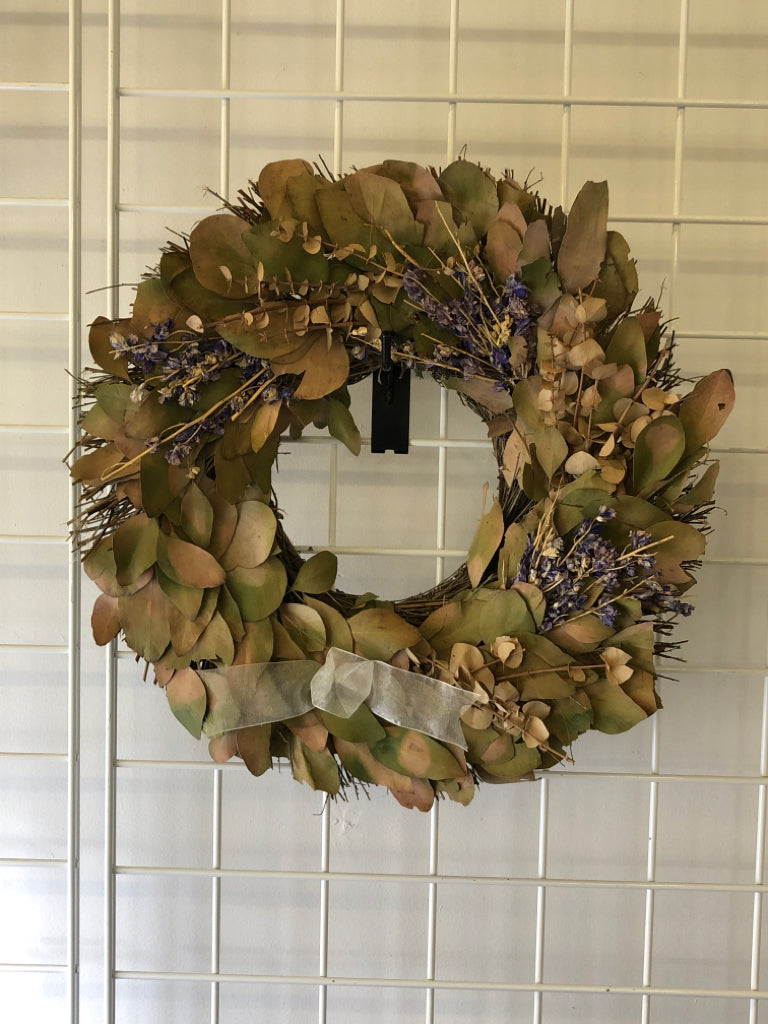 DRIED EUCALYPTUS AND TWIG WREATH W/WHITE BOW.