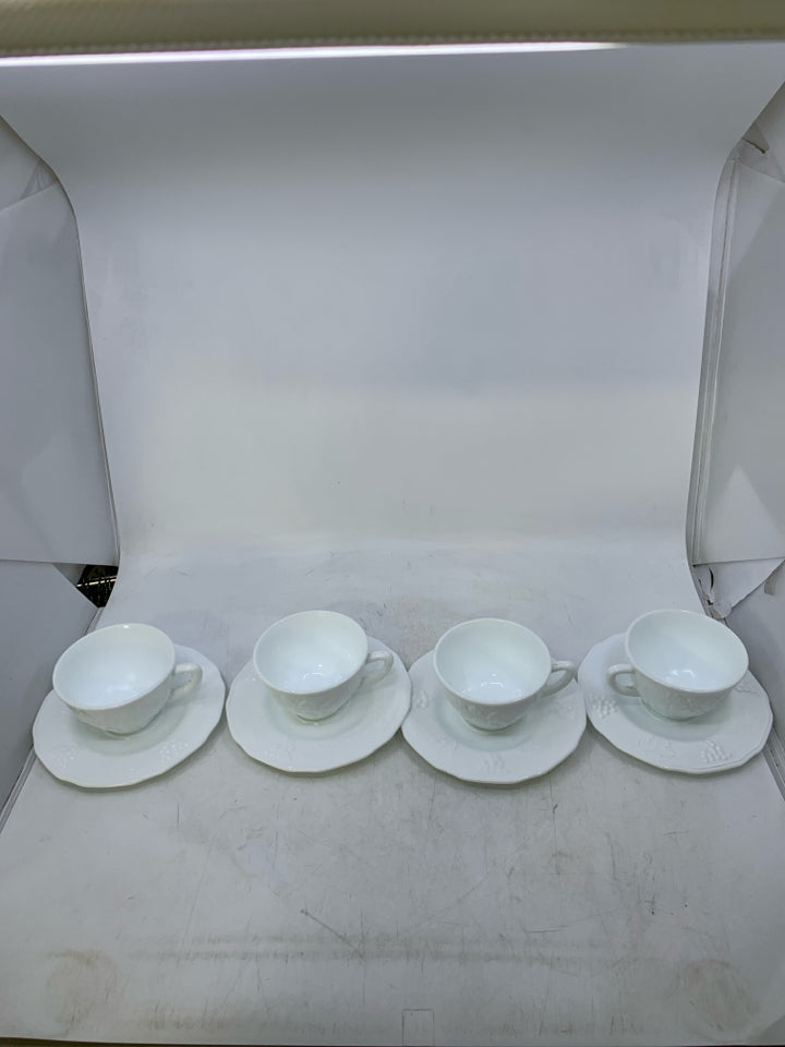 8 PC SVC 4 WHITE GLASS W/ EMBOSSED GRAPES,LEAVES TEA CUP/ SAUCER.