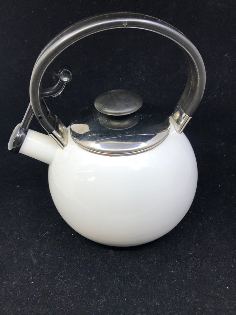 WHITE ENAMEL TEA KETTLE.