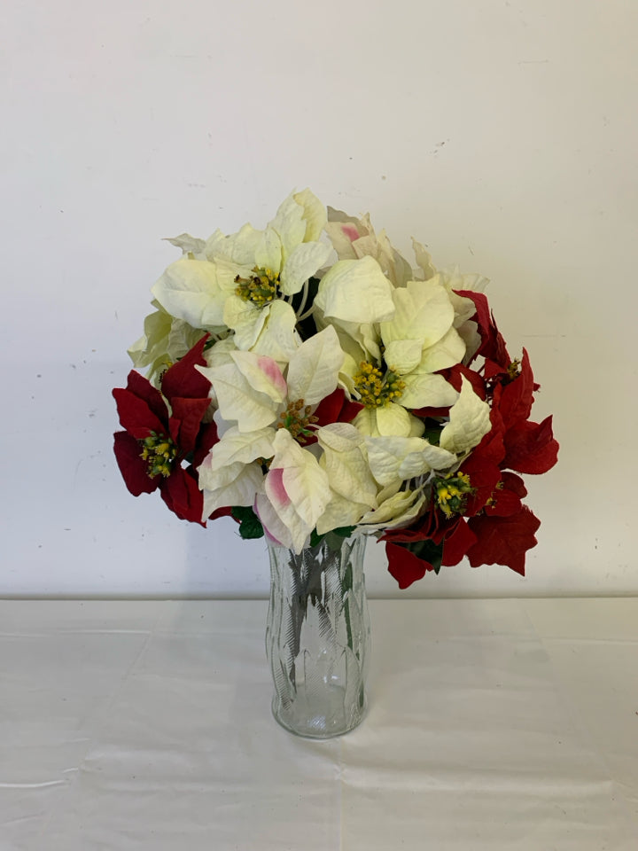 WHITE AND RED POINSETTIA ARRANGEMENT.