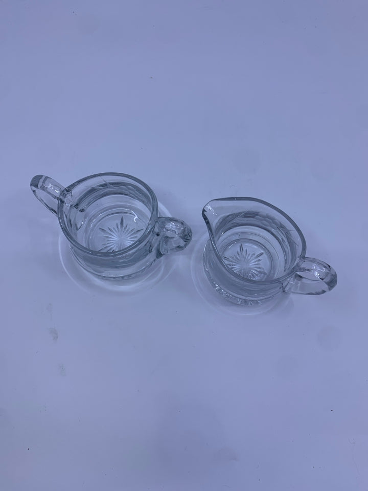 ETCHED GLASS CREAMER AND SUGAR SET.