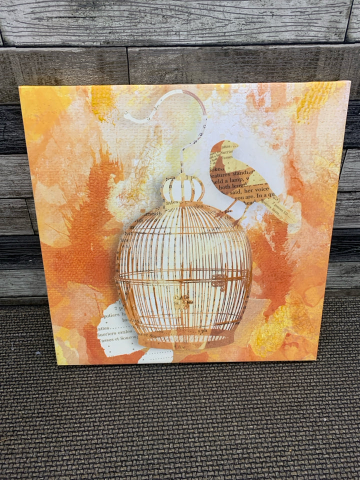 BIRDCAGE NEWSPRINT STYLE CANVAS.