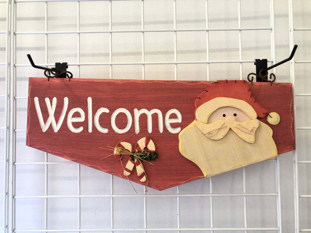 RED WOOD WELCOME SANTA AND CANDY CANE WALL HANGING.