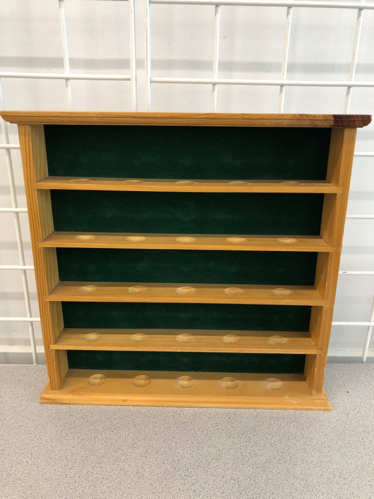 LT WOOD GOLF BALL SHELF W/FELT GREEN LINING.