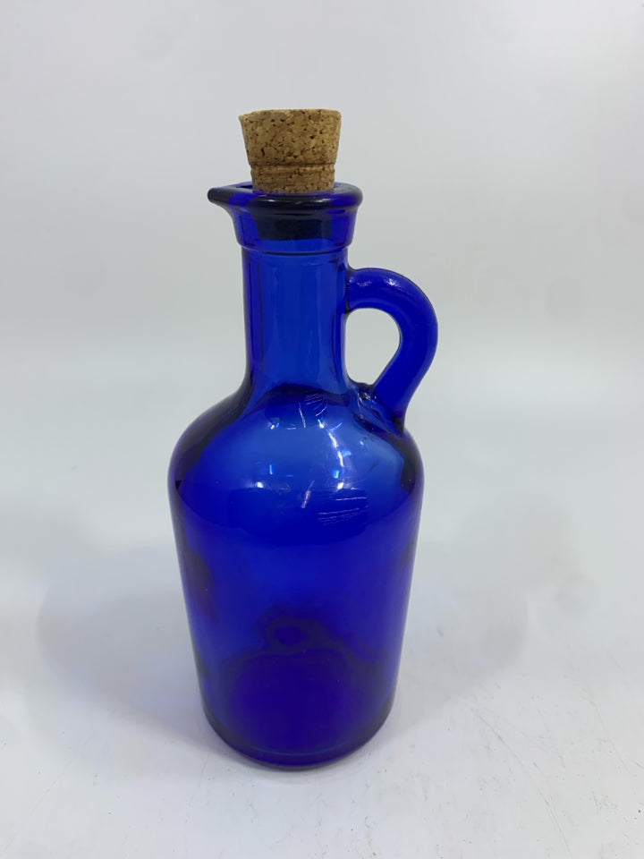 COBALT BLUE GLASS JUG W/CORK STOPPER.
