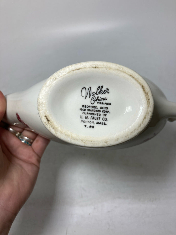 VTG WALKER CHINA W/ RED FLORAL DETAIL GRAVY BOAT.