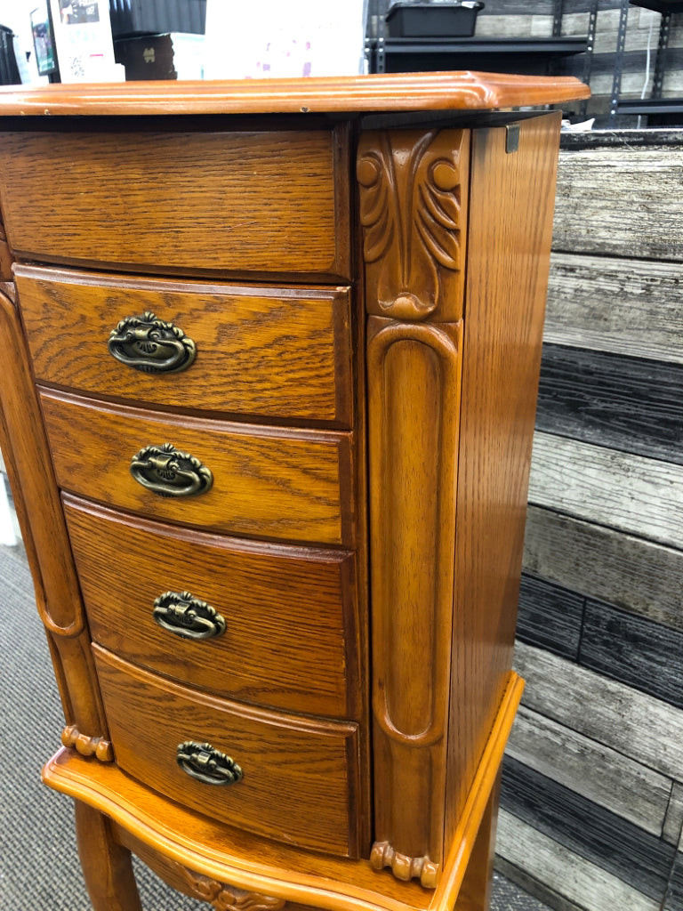 OAK WOOD 4 DRAWER JEWELRY ARMOIRE.