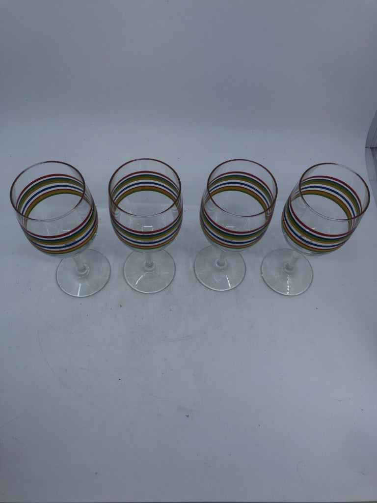 4 RAINBOW STRIPED WINE GLASSES.