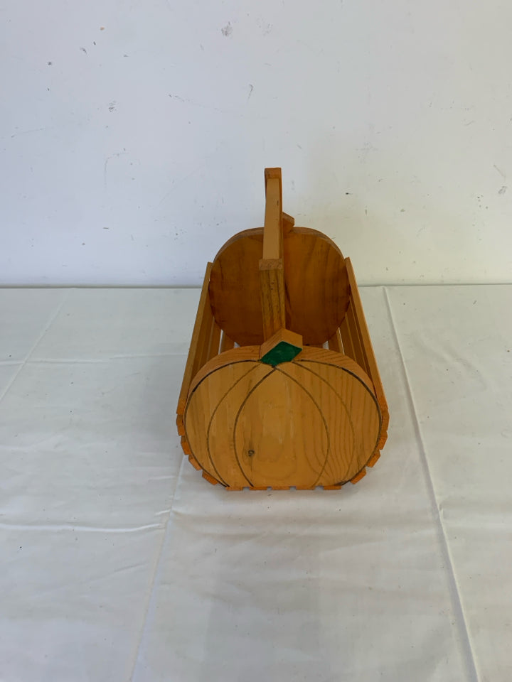 WOODEN PUMPKIN SHAPE BASKET.