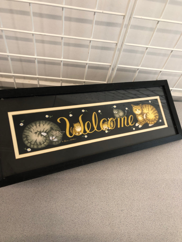 WELCOME CATS BLACK FRAMED WALL ART.