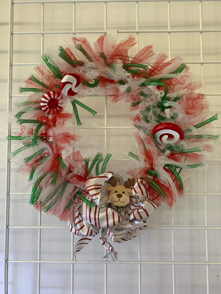 WHITE RED GREEN TULLE HOLIDAY WREATH W BOW.