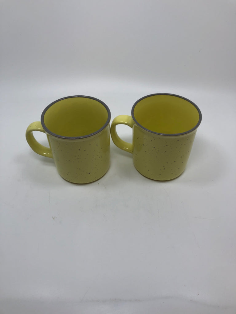 2 YELLOW CERAMIC BUT FIRST COFFEE MUGS.