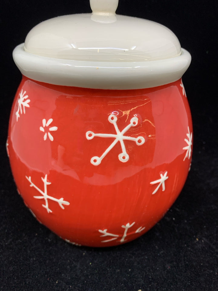 RED CERAMIC CANISTER W/ EMBOSSED SNOWFLAKES/SNOWMAN.