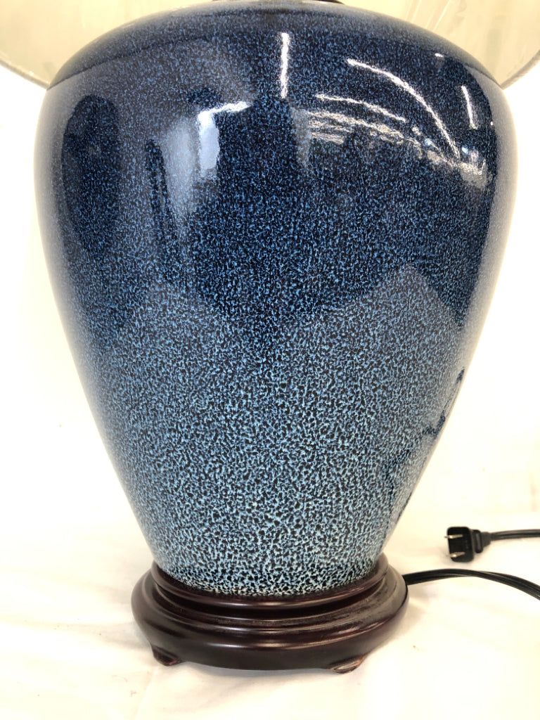 LARGE BLUE SPECKLED POTTERY BASE W/ NEW WHITE SHADE.