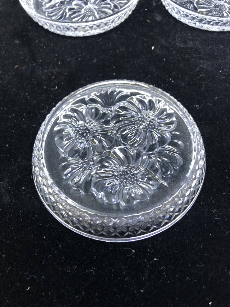 5 VTG CRYSTAL FLORAL PATTERN COASTERS.