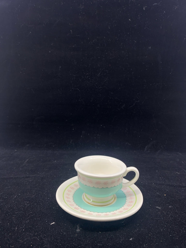 TEAL TEA LIGHT CUP+SAUCER CANDLE HOLDER.