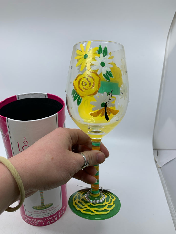 NIB BEST FRIEND EVER FLORAL WINE GLASS.