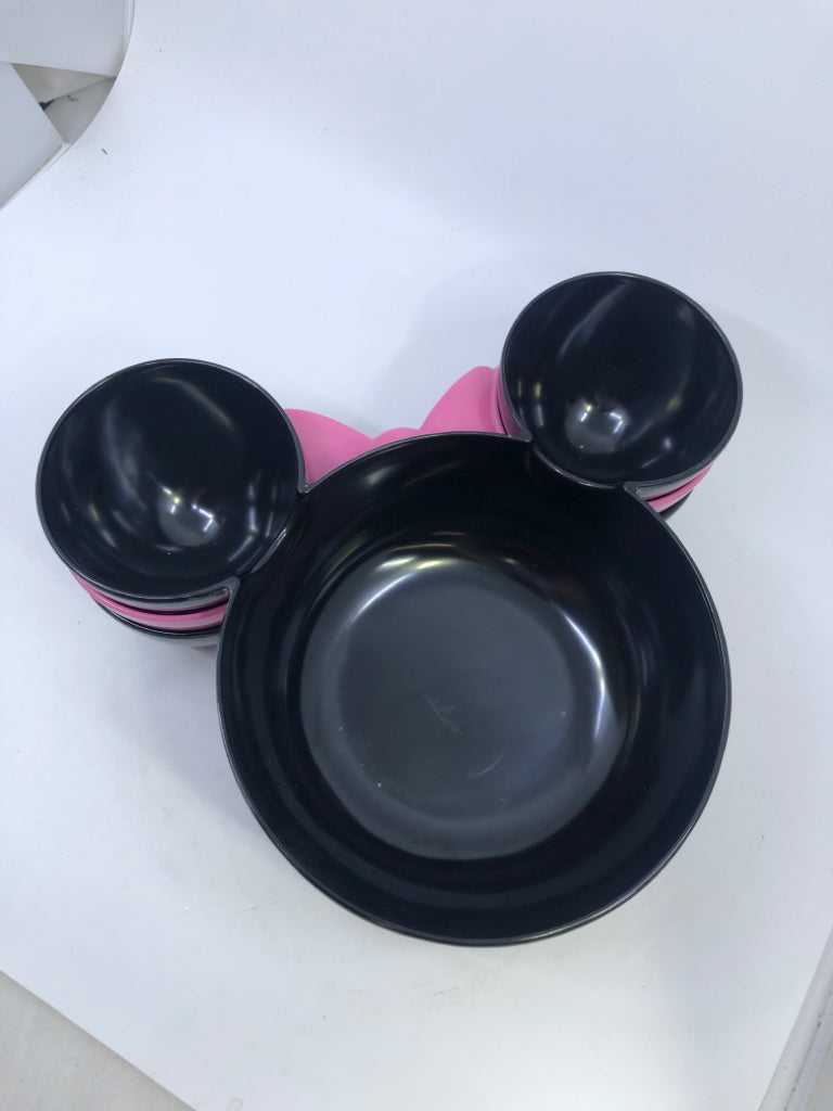 3 PINK AND BLACK MELAMINE MIKEY AND MINNIE BOWLS.