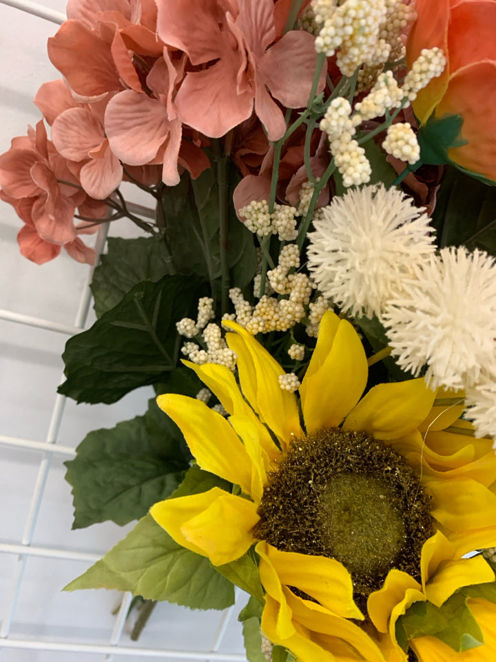 FAUX PINK HYDRANGEA AND SUNFLOWER BOUQUET.