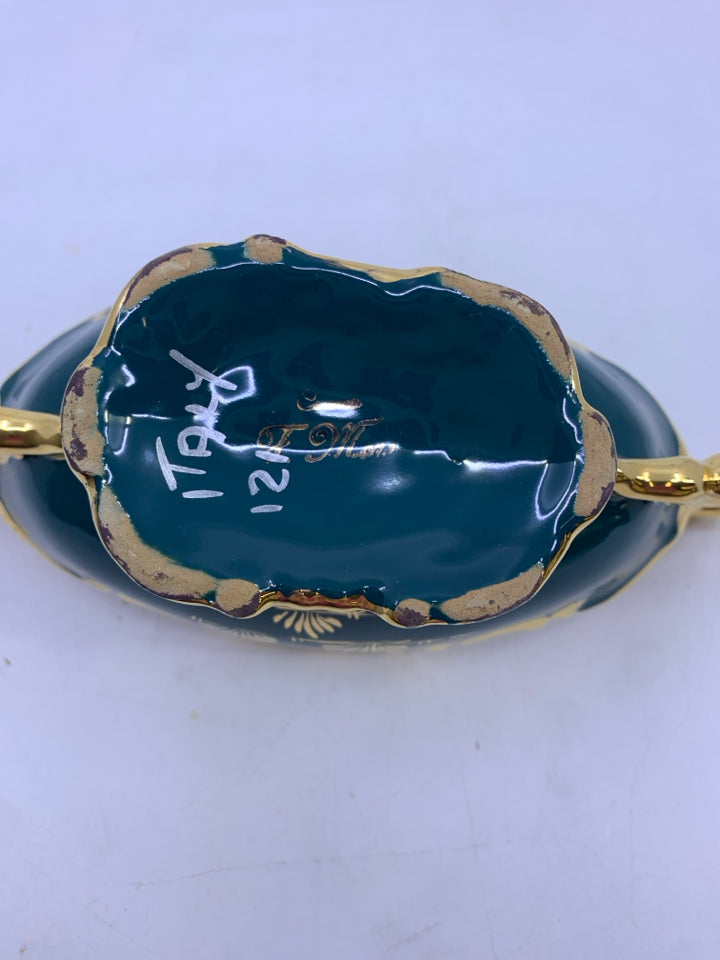 TEAL GOLD CERAMIC FOOTED OVAL PLANTER W/ FLOWER DESIGN SIGNED.