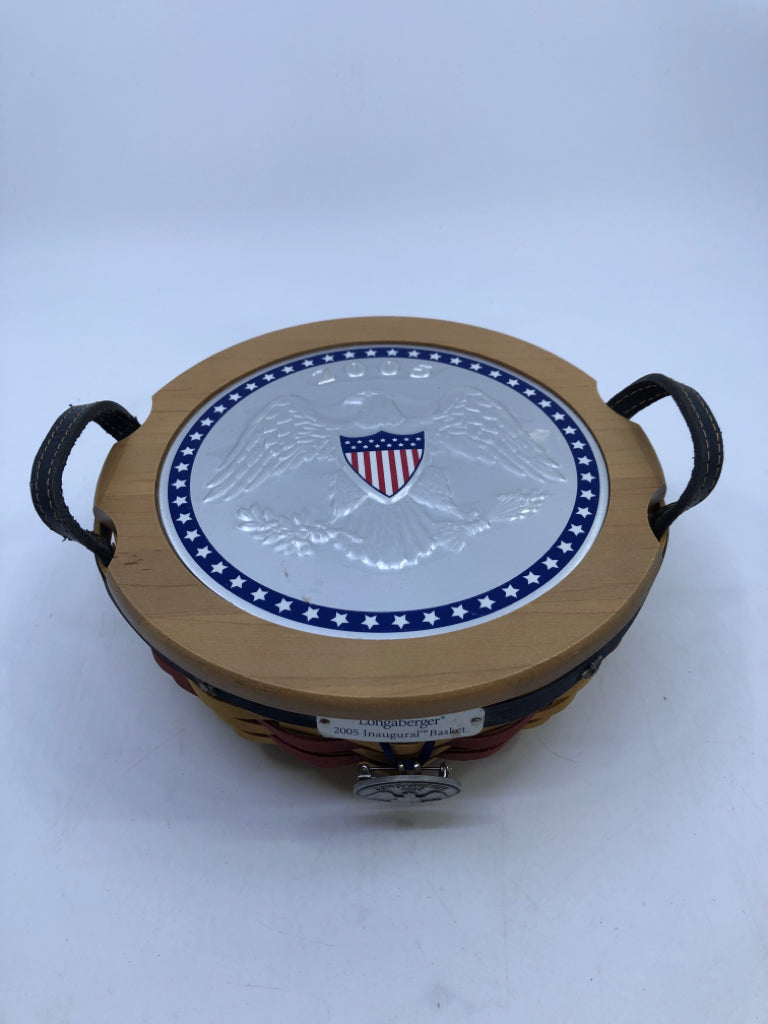 2005 INAUGURAL ROUND BASKET LEATHER HANDLES, LID, PROTECTOR & TIE ON.