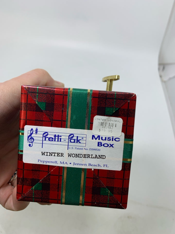 RED PLAID WRAPPED PRESENT "WINTER WONDERLAND" MUSIC BOX.
