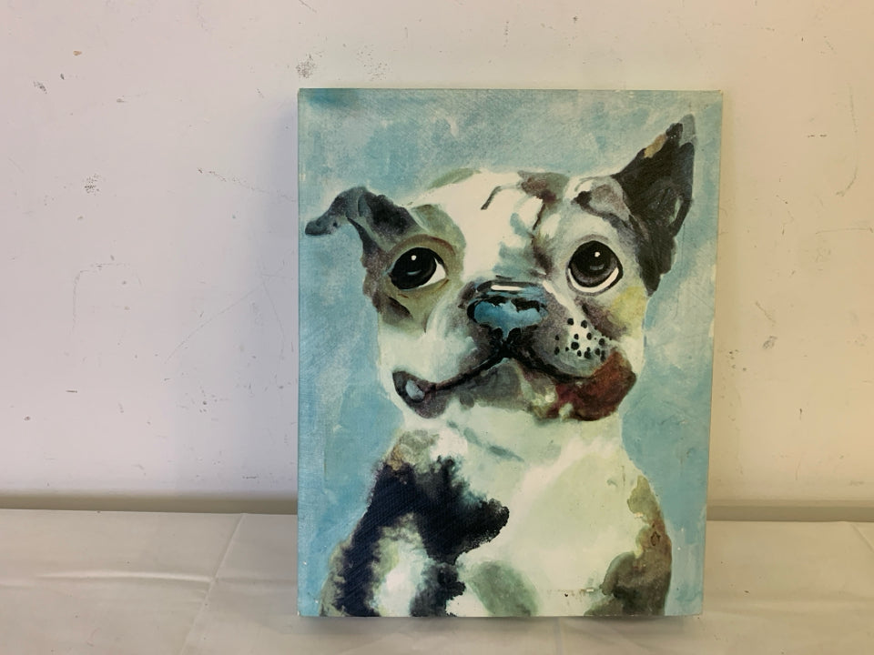 GRINNING DOG CANVAS W/ LIGHT BLUE BACKGROUND.