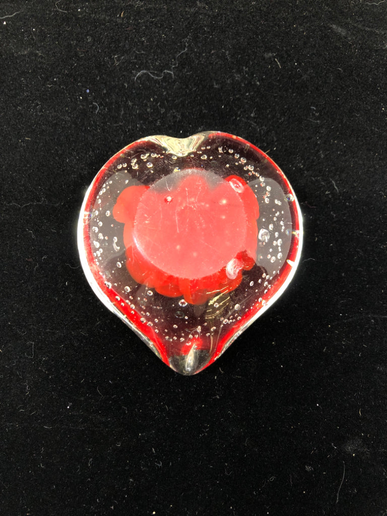 HEART SHAPED BUBBLE GLASS W/ RED ROSE INSIDE.