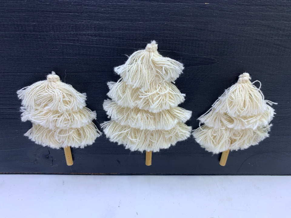 NAVY BLUE WOOD CRATE W WHITE TASSEL TREES.