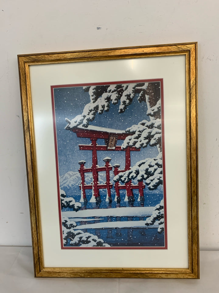 TORII GATE WINTER SCENE IN GOLD FRAME.