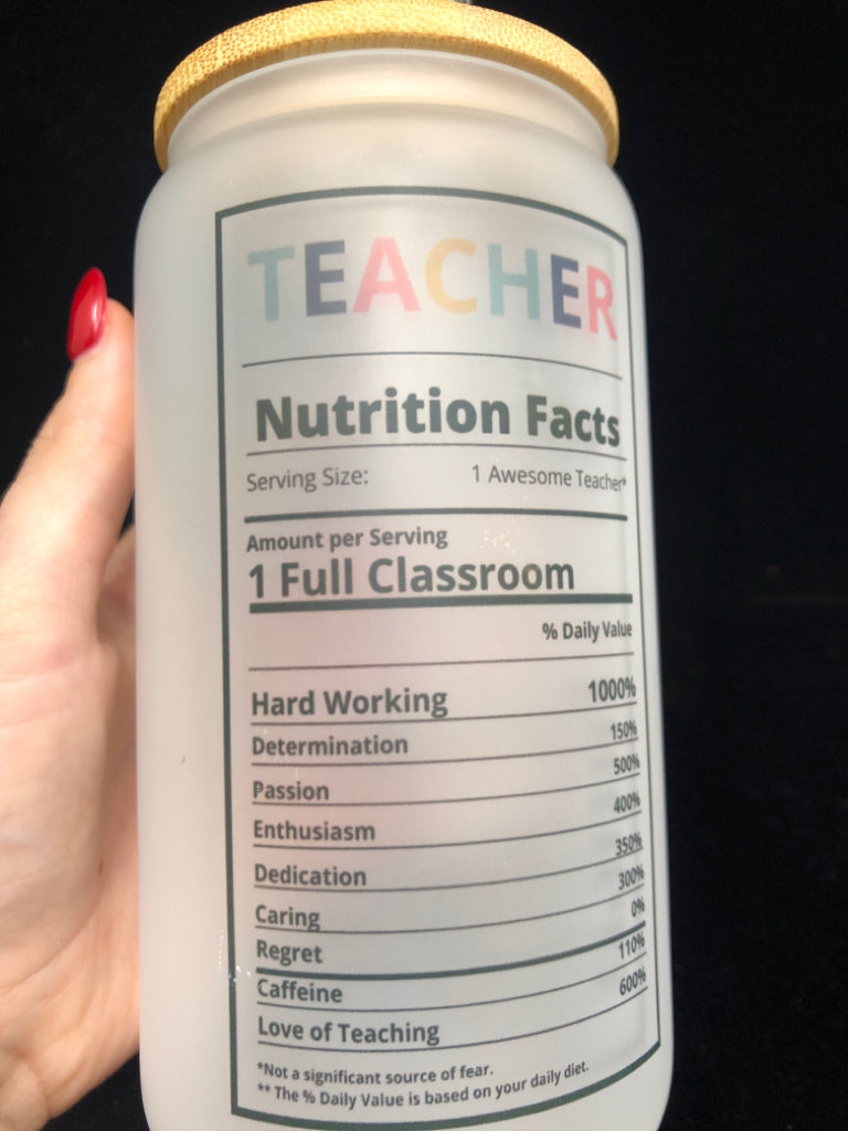 FROSTED TEACHER CUP W/NIP STRAW.