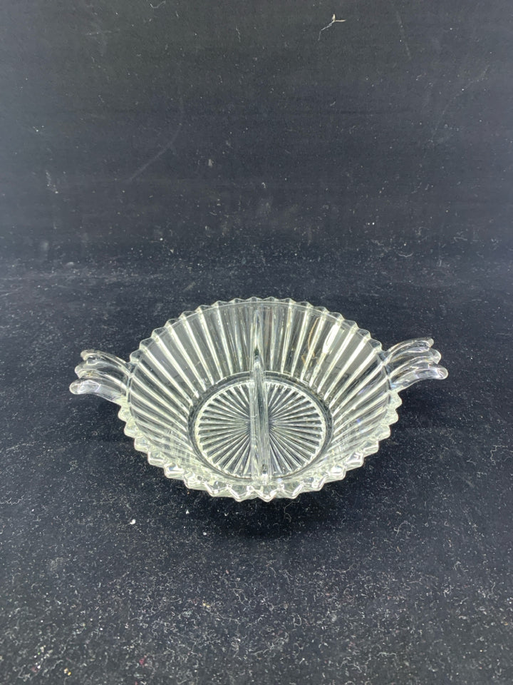 RIBBED 2 SECTION GLASS BOWL W HANDLES.