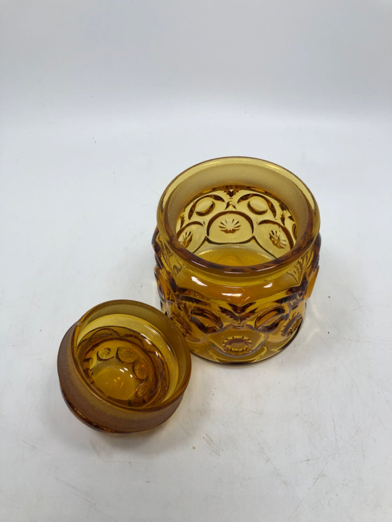 VTG AMBER GLASS MOON AND STARS CANISTER.