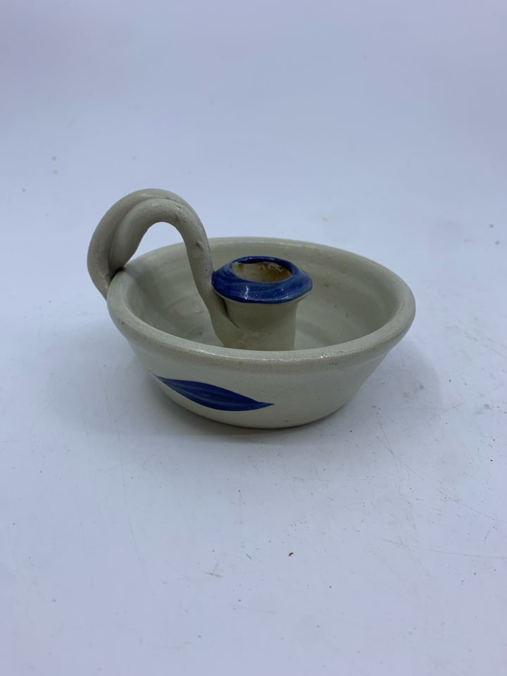 2 GREY W BLUE LEAVES POTTERY TAPER CANDLE HOLDER W HANDLES.