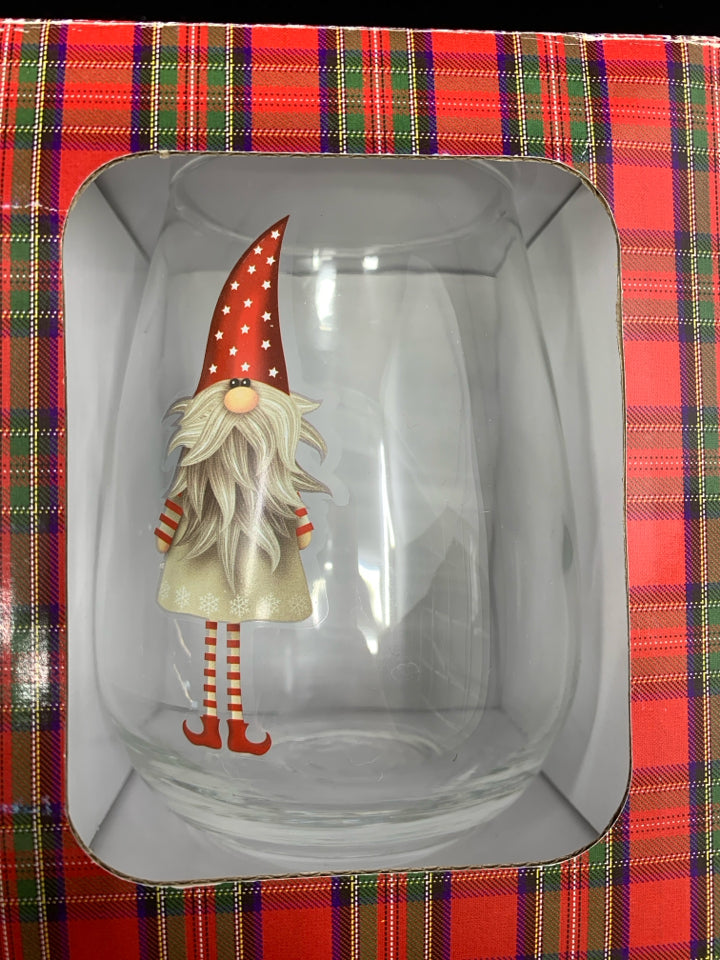 NIB SET OF 4 STEMLESS WINE GLASSES GNOME.